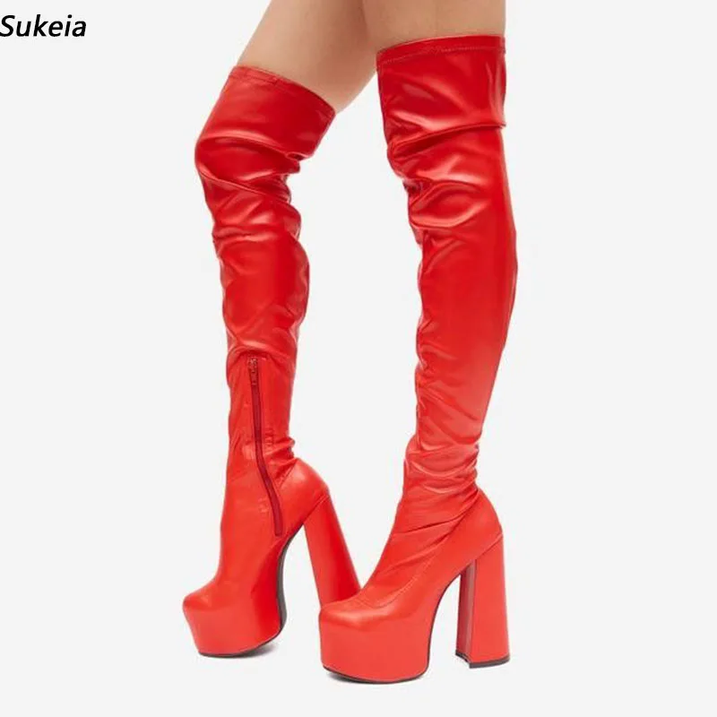 

Sukeia/женские весенние гибкие сапоги до бедра на скрытой платформе и блочном каблуке с круглым носком, красивые красные туфли для косплея, женские размеры США 5-15