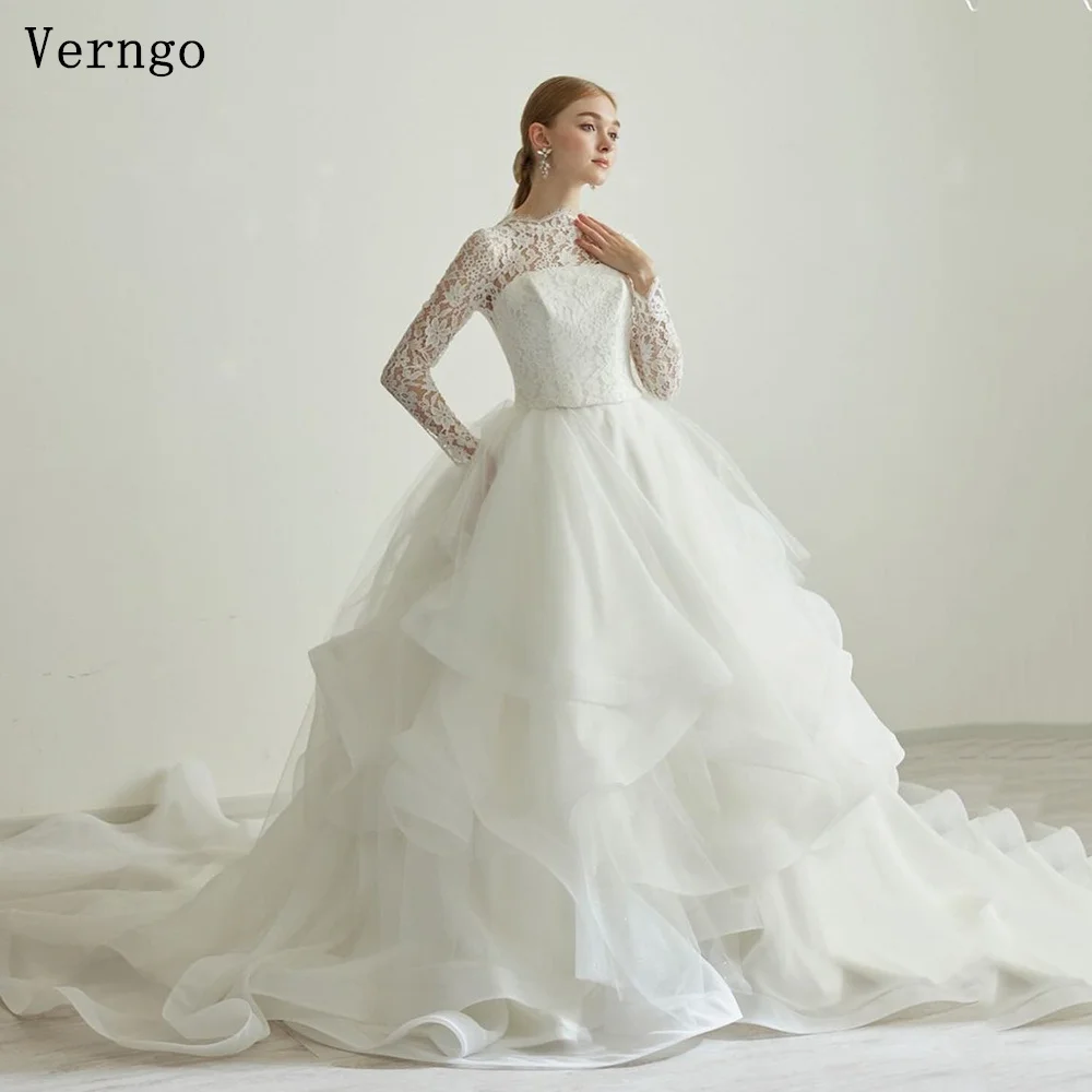 

Verngo lvory Lace Wedding Dress High Neck Full Sleeves Ball Bridal Gowns Elegant Japan Modest Bride Dress Customized