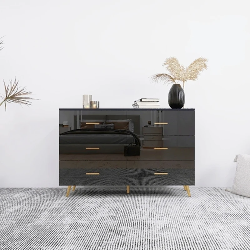 High Glossy Surface 6 Drawers Chest of Drawer with Golden Handle and Golden Steel Legs Black Color Vanity   Black