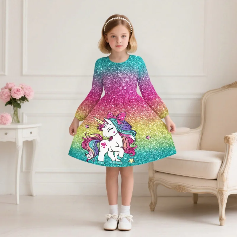 

Girls Unicorn Long Sleeve Dress 2026 Fashion Printed Skirt for Kids' Clothing