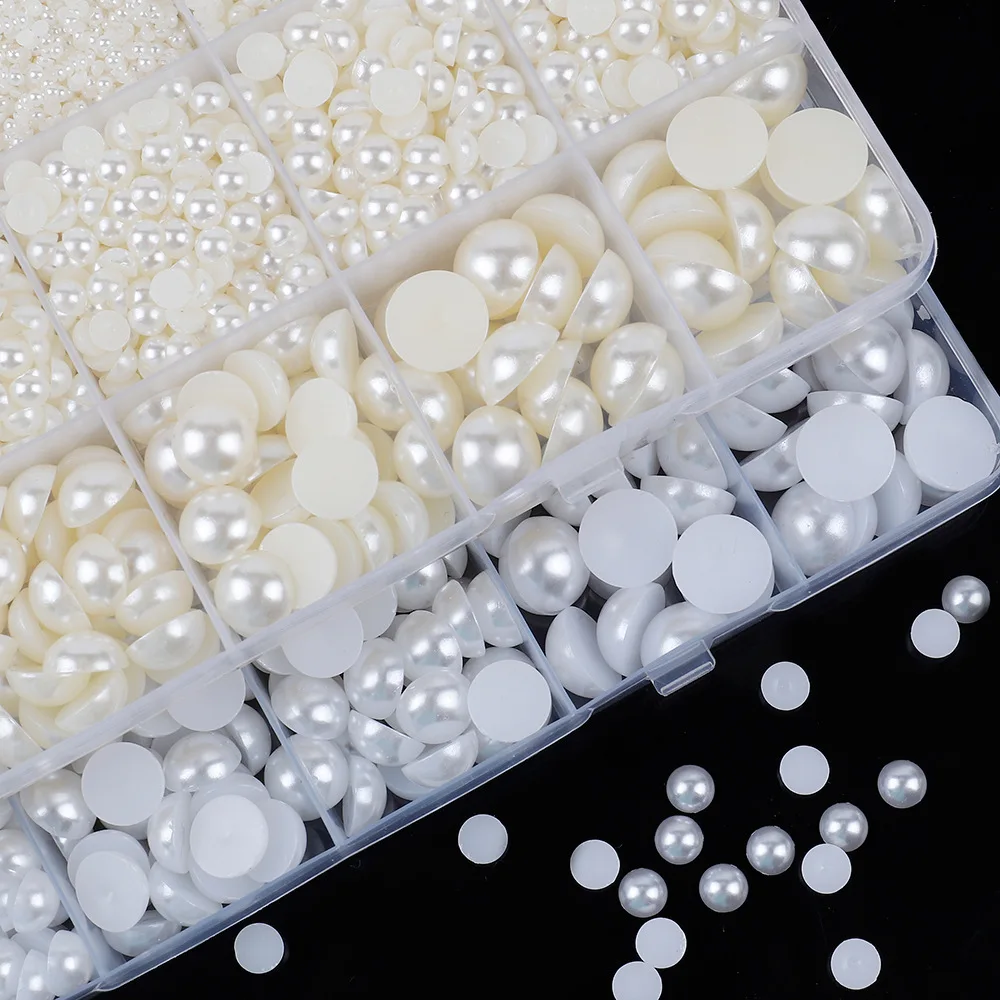 24 Grids Milk White/White Half Round Pearl Beads, ABS Plastic Flatback Faux Pearls for Nail Art, DIY Craft, Clothing Decoration