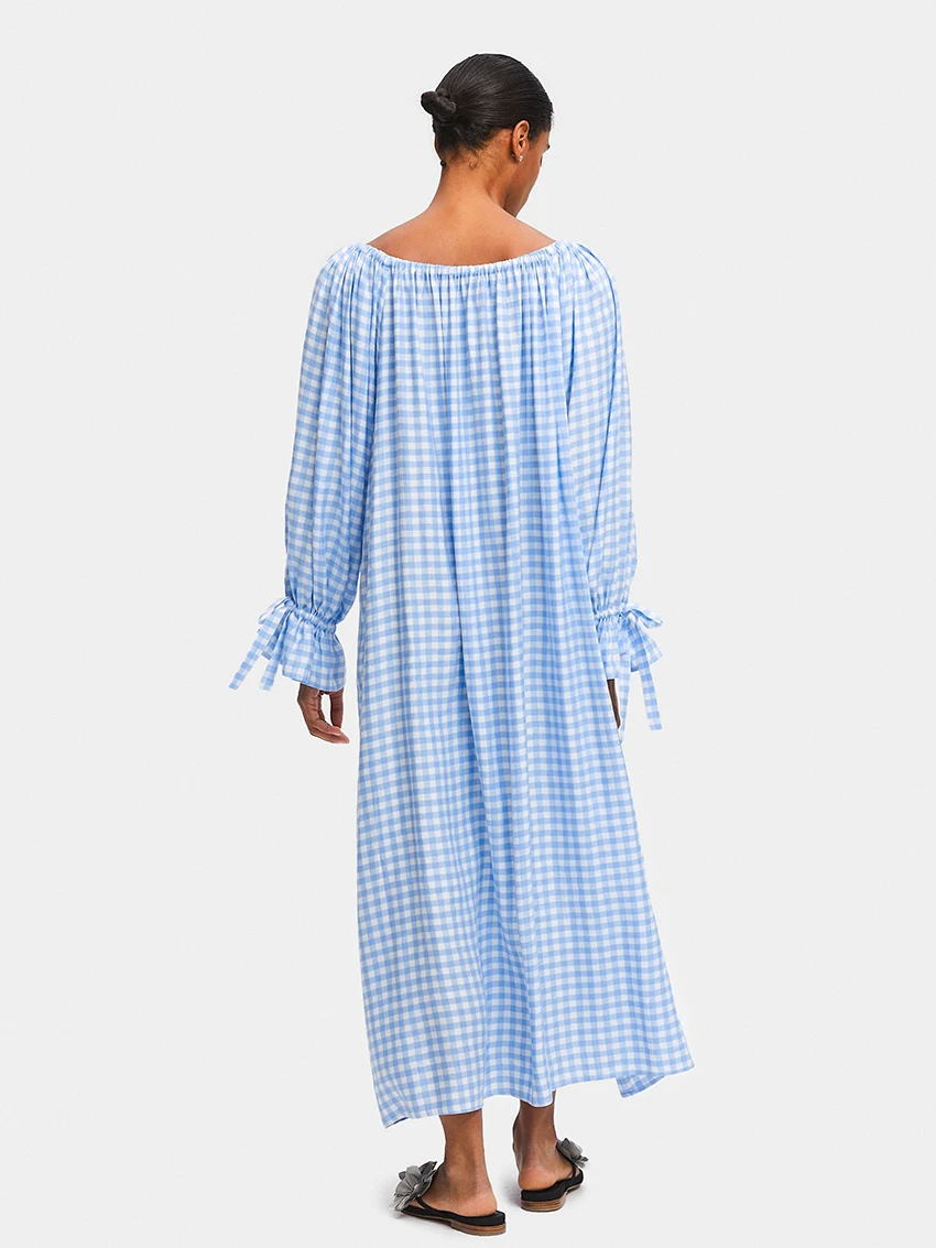 Marthaqiqi Plaid Casual Female Sleepwear Sexy O-Neck Pajamas Long Sleeve Nightgowns Floor-Length Dress Loose Home Clothes Women