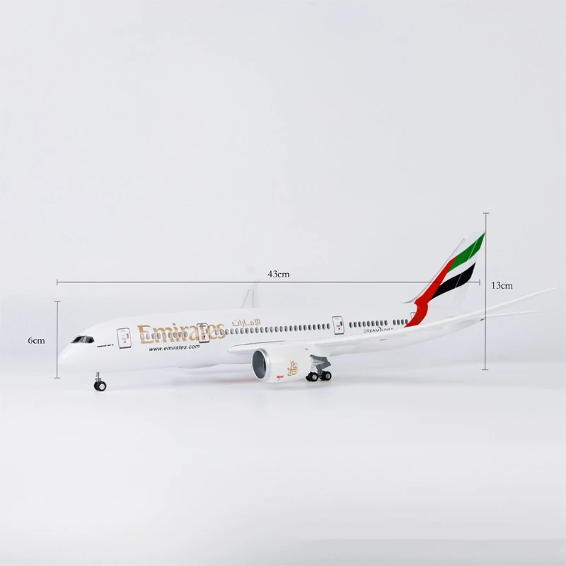 43 سنتيمتر 787 الإمارات العربية المتحدة طيران الإمارات نموذج طائرة b787 طائرة مصغرة ث الضوء والعجلة الهبوط الراتنج دييكاست الطائرات