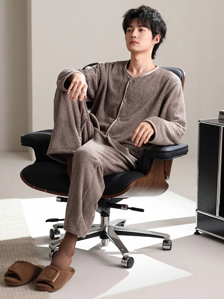 

Утепленный мужской домашний кардиган из кораллового флиса с длинным рукавом, теплая домашняя одежда из фланели и полиэстера