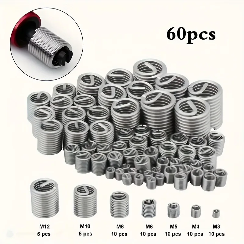 Picture 3: 60pcs Stainless Steel Thread Repair Kit M3 to M12 Sizes Durable Metal Fasteners for Restoring Damaged Threads Full Coverage