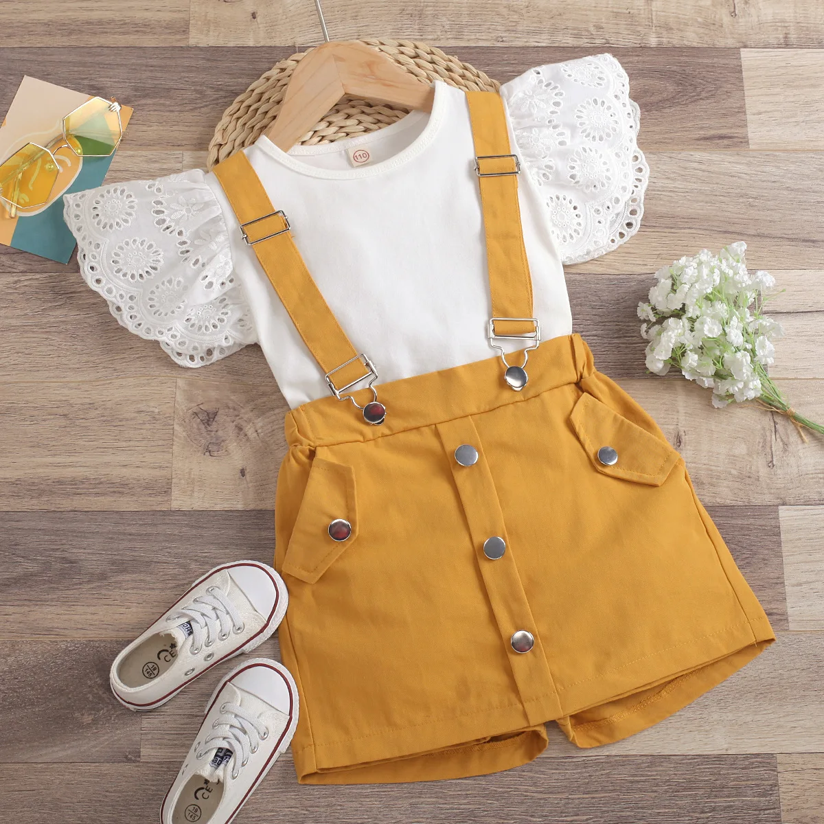 2024 Summer 1-6Years Girls Solid Color Hollow Out Fly Sleeve Round Neck Top+Detachable Overalls Trouser Skirts Two-piece Suit