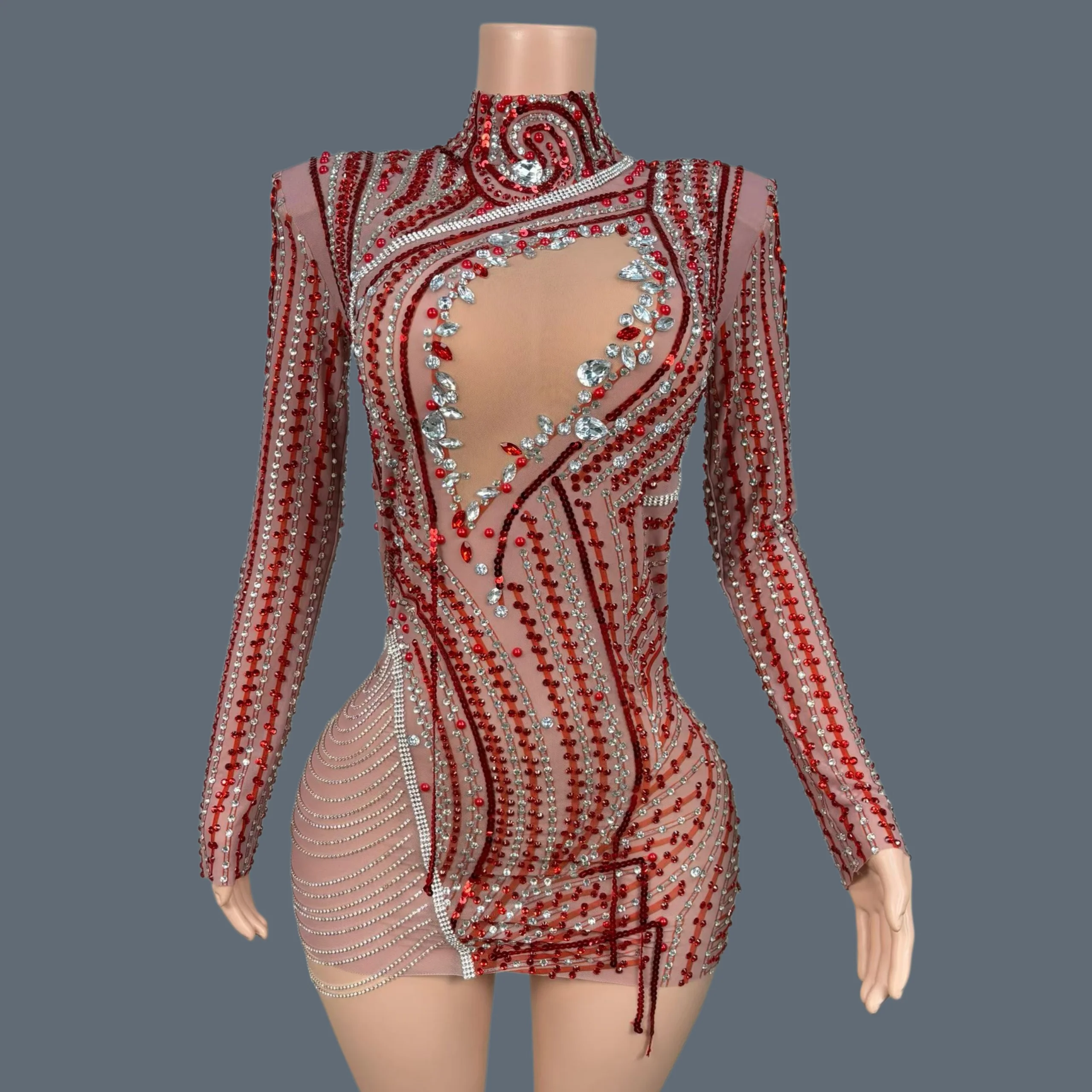 

Sparkly Rhinestone Luxury Long Sleeves Mini Dress Birthday Celebrate Party Cocktail Dress Club Stage Performance Wear Jiguang