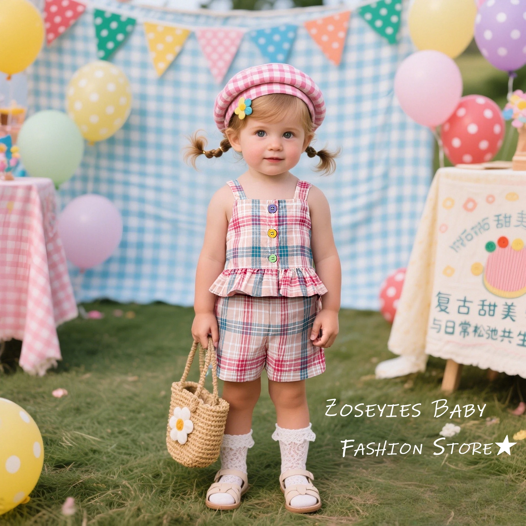 

Одежда для маленьких девочек, комплект из 2 шт./компл., летний клетчатый хлопковый детский комплект верхней и нижней одежды, одежда для девочек, милый кружевной пляжный комплект для девочек