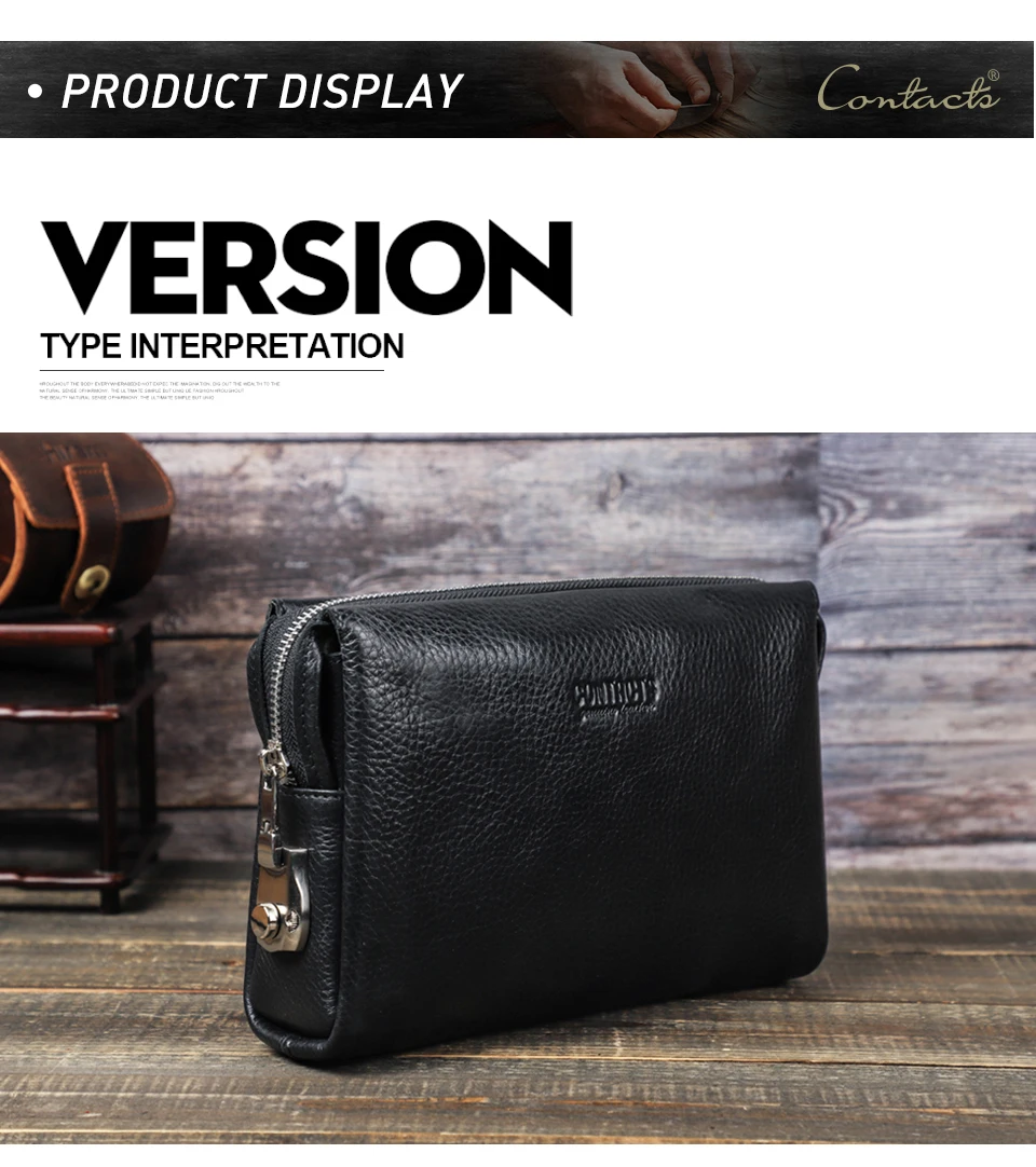 CONTACT'S Herren-Clutch mit Passwortschloss-Design, Langlebige Handtasche mit Reißverschluss, Herren-Geschäftslangbörse aus Echtleder, Handytasche – Detail 9