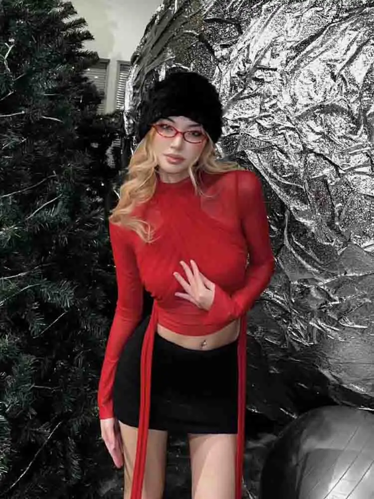 Spring 2025 Red Mesh Turtleneck Long Sleeve Draped Bandage Crop Top Slim Fits Sexy See-through Casual Club Streetwear T-shirt