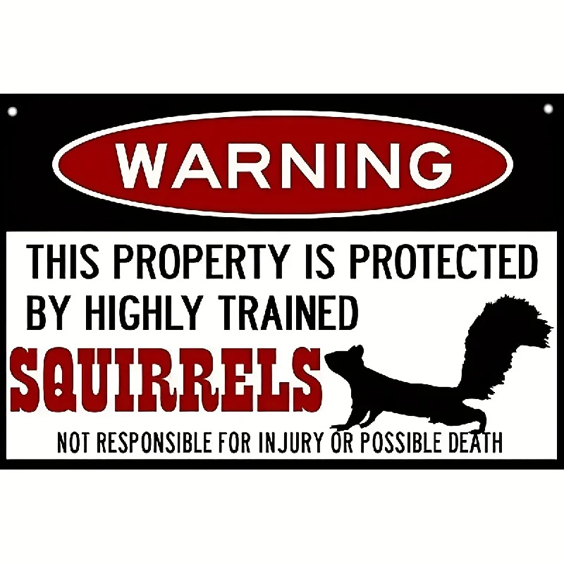 Funny Metal Iron Sign, Squirrel Warning Decorative Plaque, Wall Hanging Sign for Home & Workshop, English Text, Protectiv