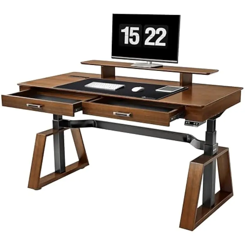 63 Inch Height Adjustable Executive Desk with Dual Motors USB Ports Wireless Charging Monitor Stand Trapezoidal Metal Base Solid