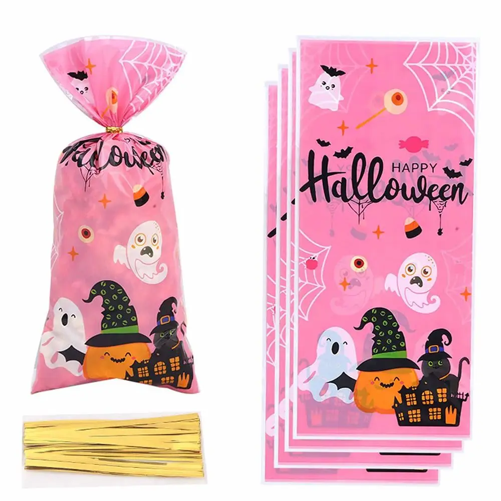 50PCS Pink Halloween Gift Bag Cartoon Pumpkin Castle 12.5*27.5cm Flat Open Top Bag with Ties Dust-proof Candy Cookies Bag