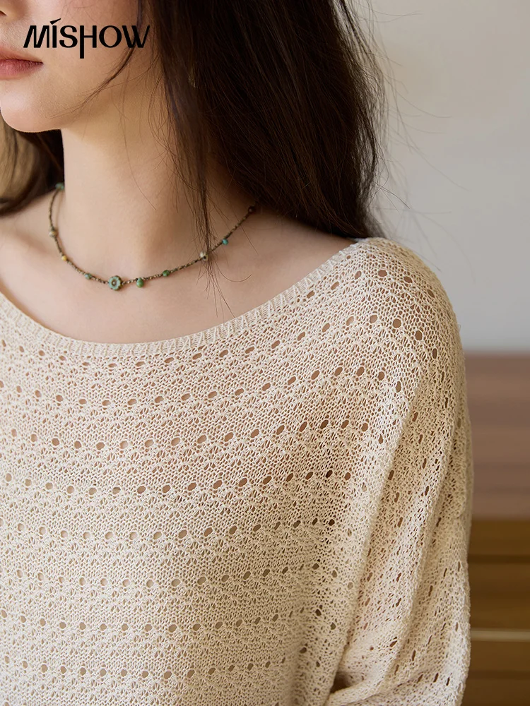 MISHOW Autumn White Imitation Linen Knitted Top 2025 Hollowed Out Casual Knitted Top Shoulder Sleeves Commuting Tops MXE42Z1350