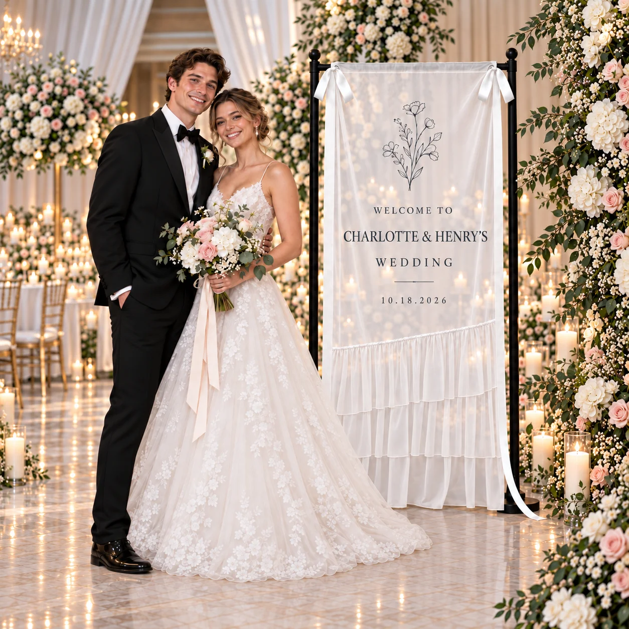 Custom Chiffon Wedding Welcome Sign Personalized Sheer Fabric Banner with Grommets and Ribbon Wedding Ceremony Entrance Receptio