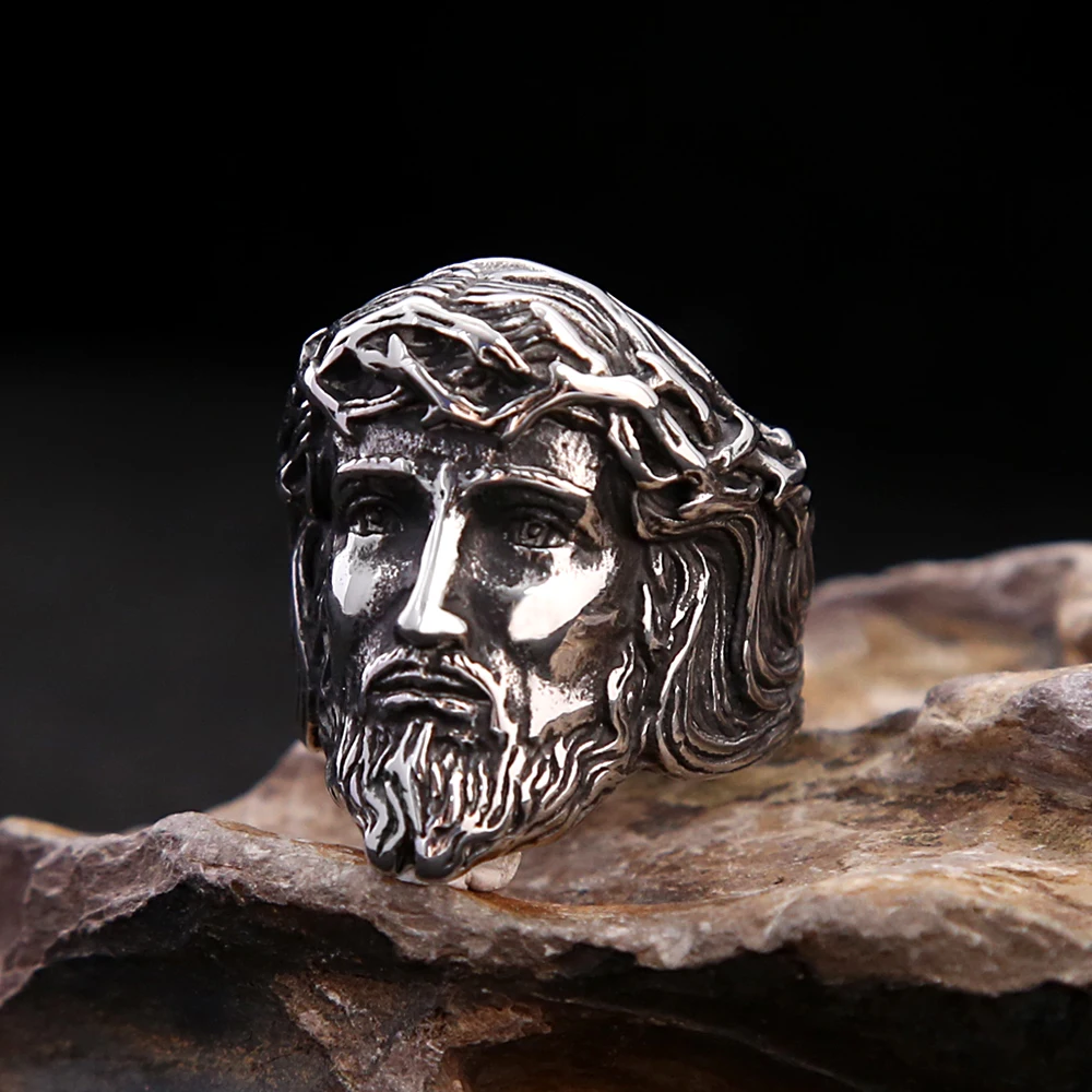 Unique Vintage Catholic Jesus Head Ring Punk Stainless Steel Jesus Portrait Ring Fashion Creative Amulet Jewelry Gifts Wholesale