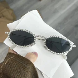 Full Diamond Oval Sunglasses for Women Luxury Fashion Vintage Small Frame Sun Glasses Y2k Kpop Metal Trend Eyewear Party Glasses