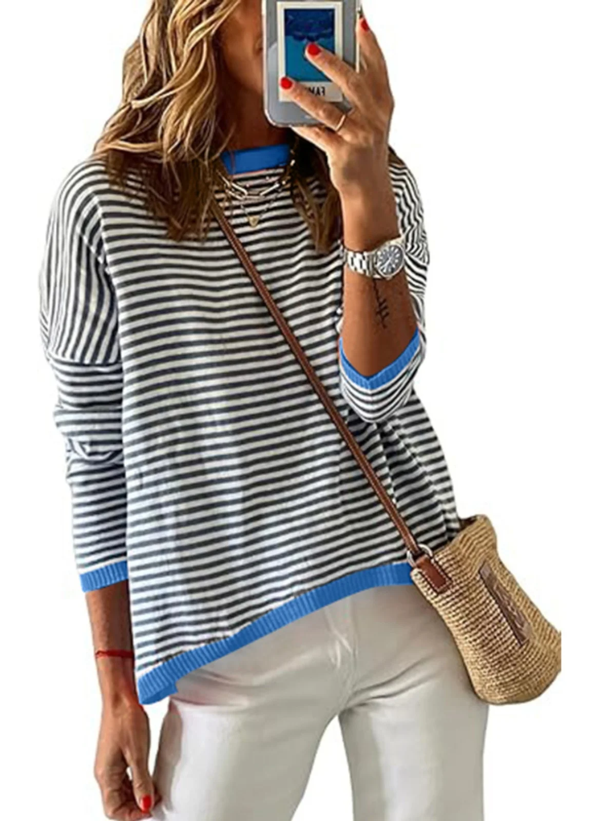 패션 대비색 스트라이프 롱 스웨터 여성용 스위트 핏 폴리에스터 섬유 고급사 라운드 넥 습기 방지 스웨터