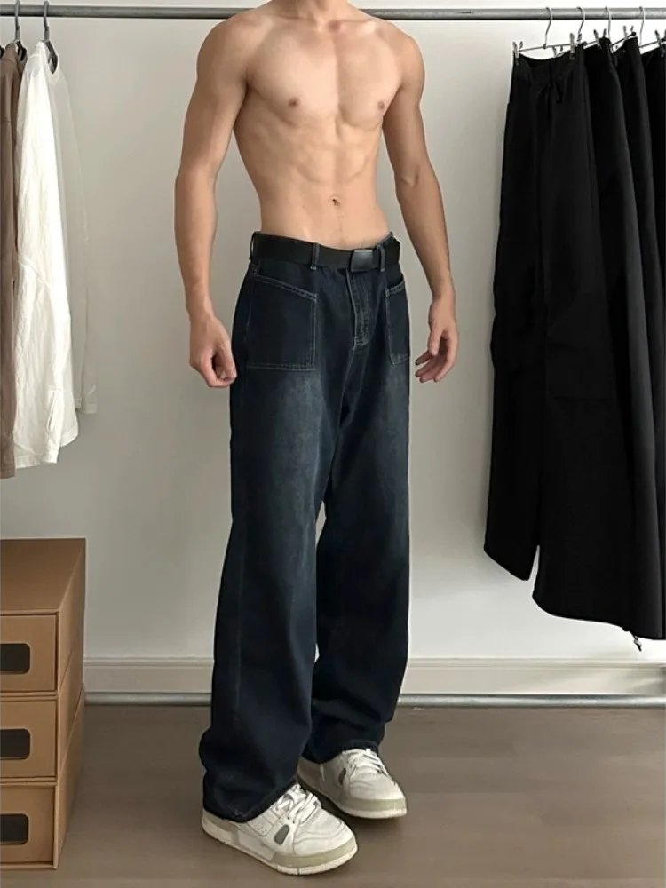 

American Retro Workwear Jeans Men's Belted High Waist Luxury Street Style Straight Leg Handsome Wide Leg Pants