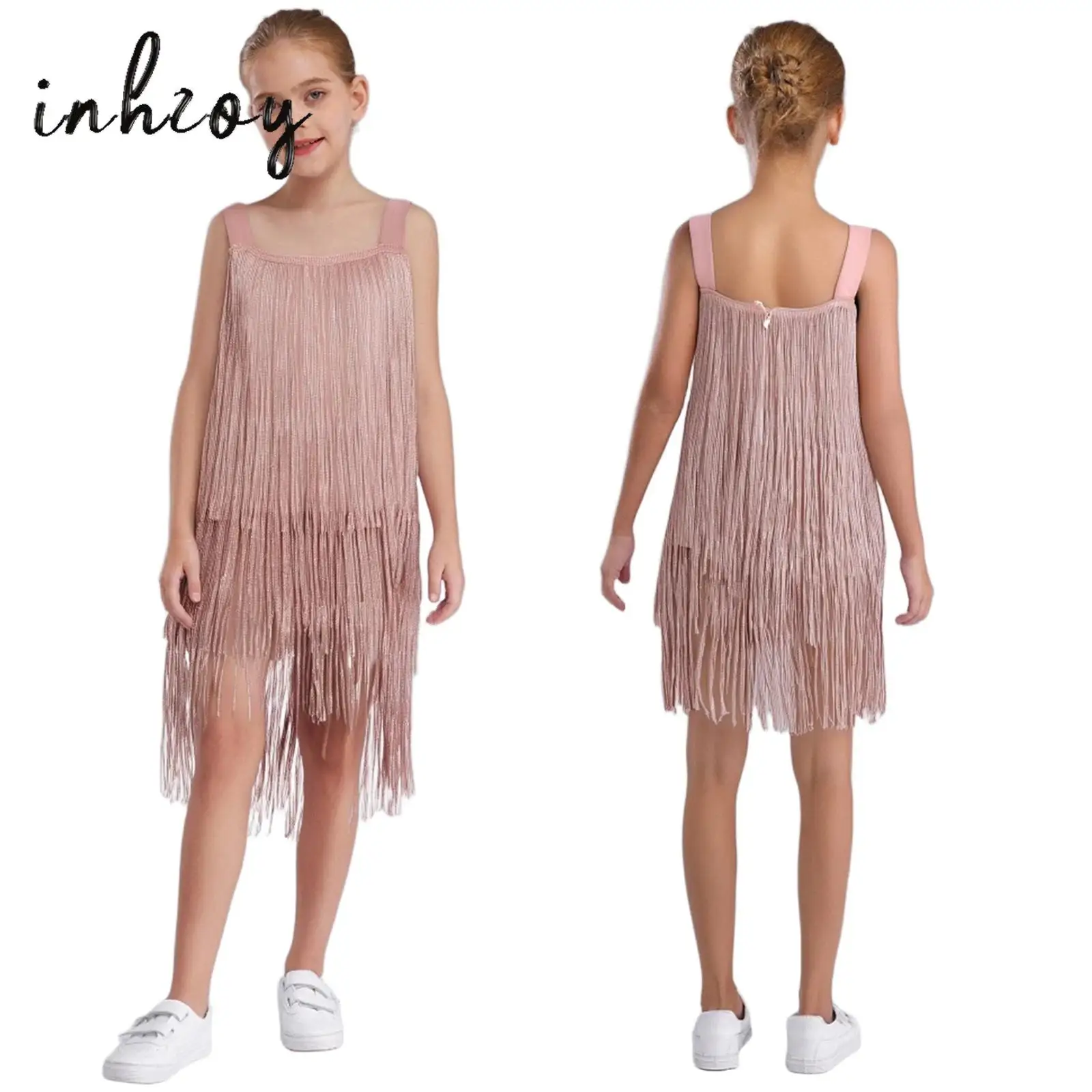 Kids Girls Fringe Latin Jazz Dance Dress Sleeveless Wide Shoulder Straps Shiny Tiered Tassel Dresses Stage Performance Dancewear