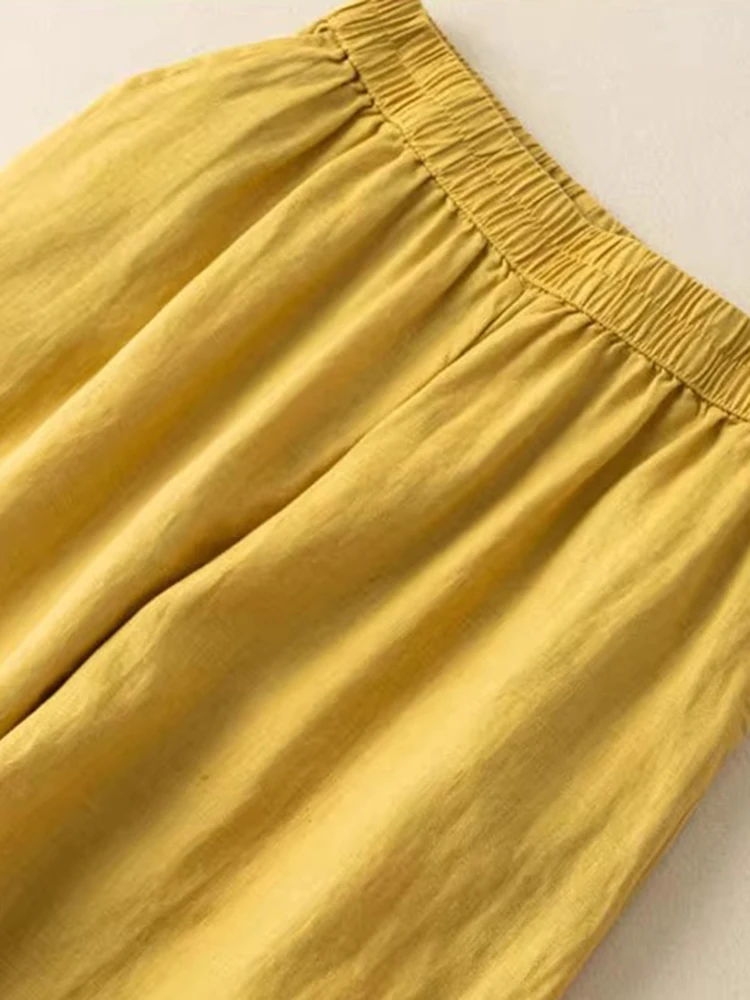 Summer Thin Faion Simple Linen Wide Leg Pants Women Elastic Waist Small Size Loose Sle Cool Seven-Foot Pants Casual Strai...