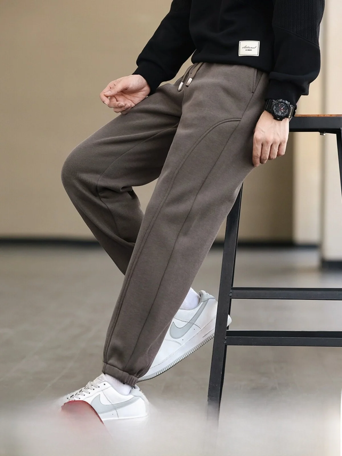 High-Gauge Knitted Fleece-Lined Thickened Autumn Winter Men's Fashion Sports Cuffed Casual Pants Straight Leg Long Trousers