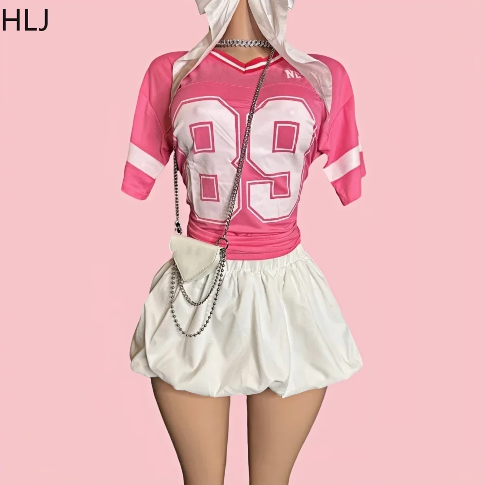 HLJ Sweet Women Bubble Skirts Two Piece Sets Fashion Letter Print V Neck Tshirt And Mini Skirts Outfits Female Trend Streetwear