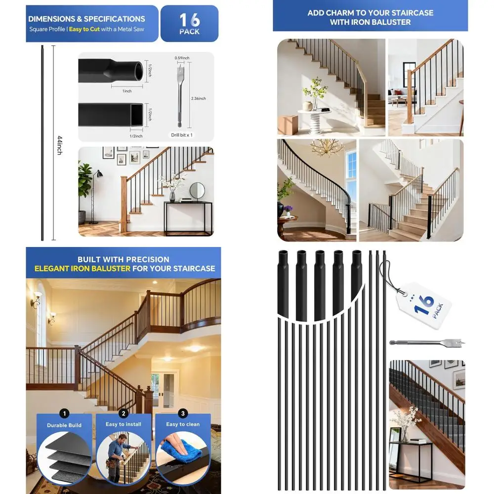 

44-Inch Square Hollow Metal Balusters, 16-Pack Iron Staircase Spindles, 1/2 Wrought Iron Railing, Black Indoor Stair Railing Sys