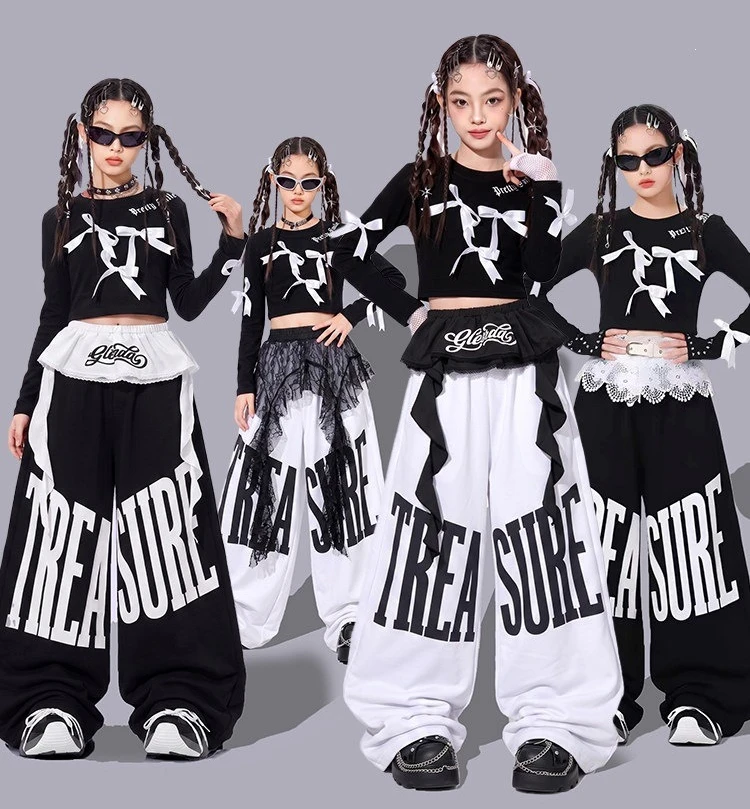 Girls K-pop Modern Bow Crop Top Dance Joggers Cargo Pants Kids Hip Hop Streetwear Costumes Children Jazz Girl Group Clothes Sets