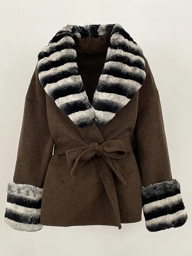 Femmes mode manchette courte manteau de fourrure col de fourrure laine vêtements d'extérieur2025 nouvelle veste de fourrure de lapin Rex naturel femme manteau de laine