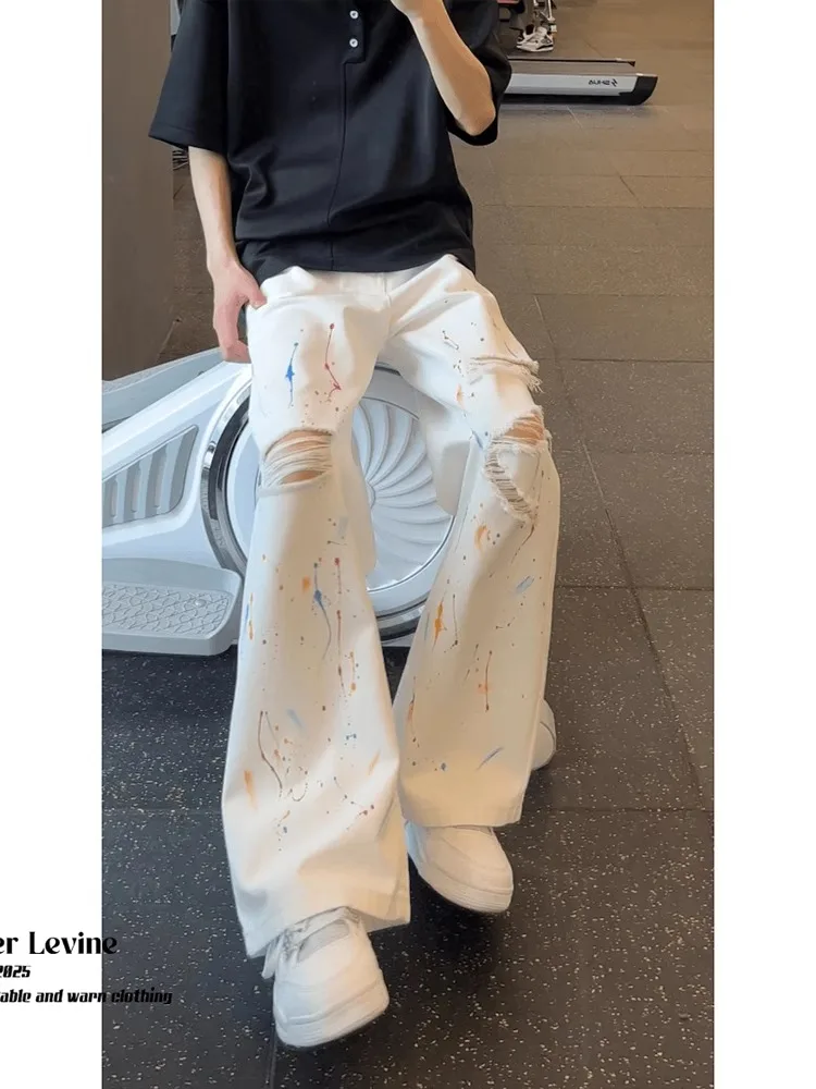 

White Splaed Ink Ripped Denim Jeans Men's Summer Thin Straight Leg Wide Leg Pants American High Street Trendy Brand Micro F...