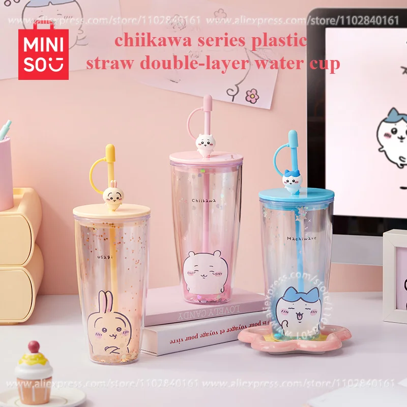 MINISO Chiikawa Series Plastic Straw Double-layer Water Cup Large Capacity Children's Birthday Gift Office Learning Boys Girls