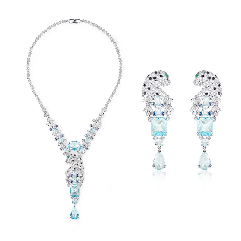 Designer High Quality Style Earrings Necklace Inlay Light Blue Cubic Zircon Black Patchs Tassels Leopard Panther Jewelry Sets