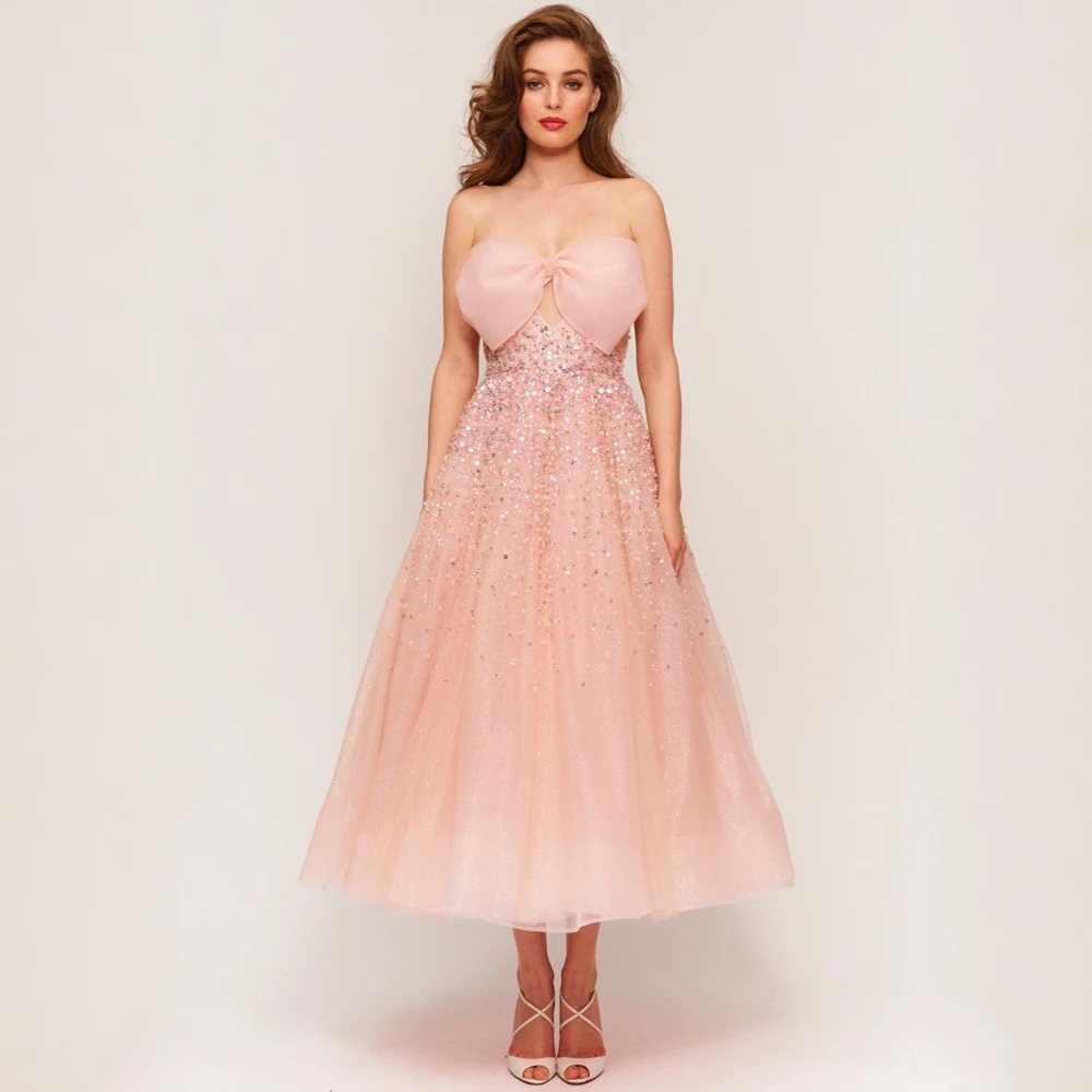 

Customized Exquisite Tulle Sequined Bow Pleat A-line Strapless Long Dresses Bespoke Occasion Dresses Modern Style Sparkle Formal