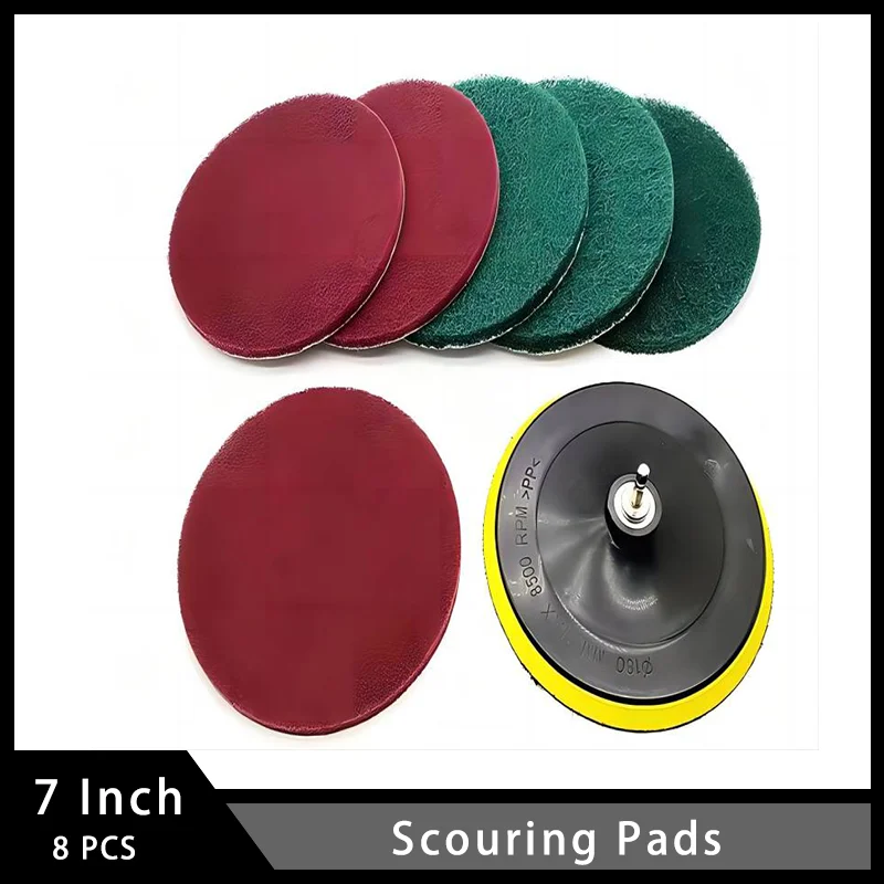 7 Inch Scouring Pads 8 Pcs Cleaning Kit with Different Stiffness Disc Pad Holder and Scrubbing Pads for Cleaning Cars Bathtubs