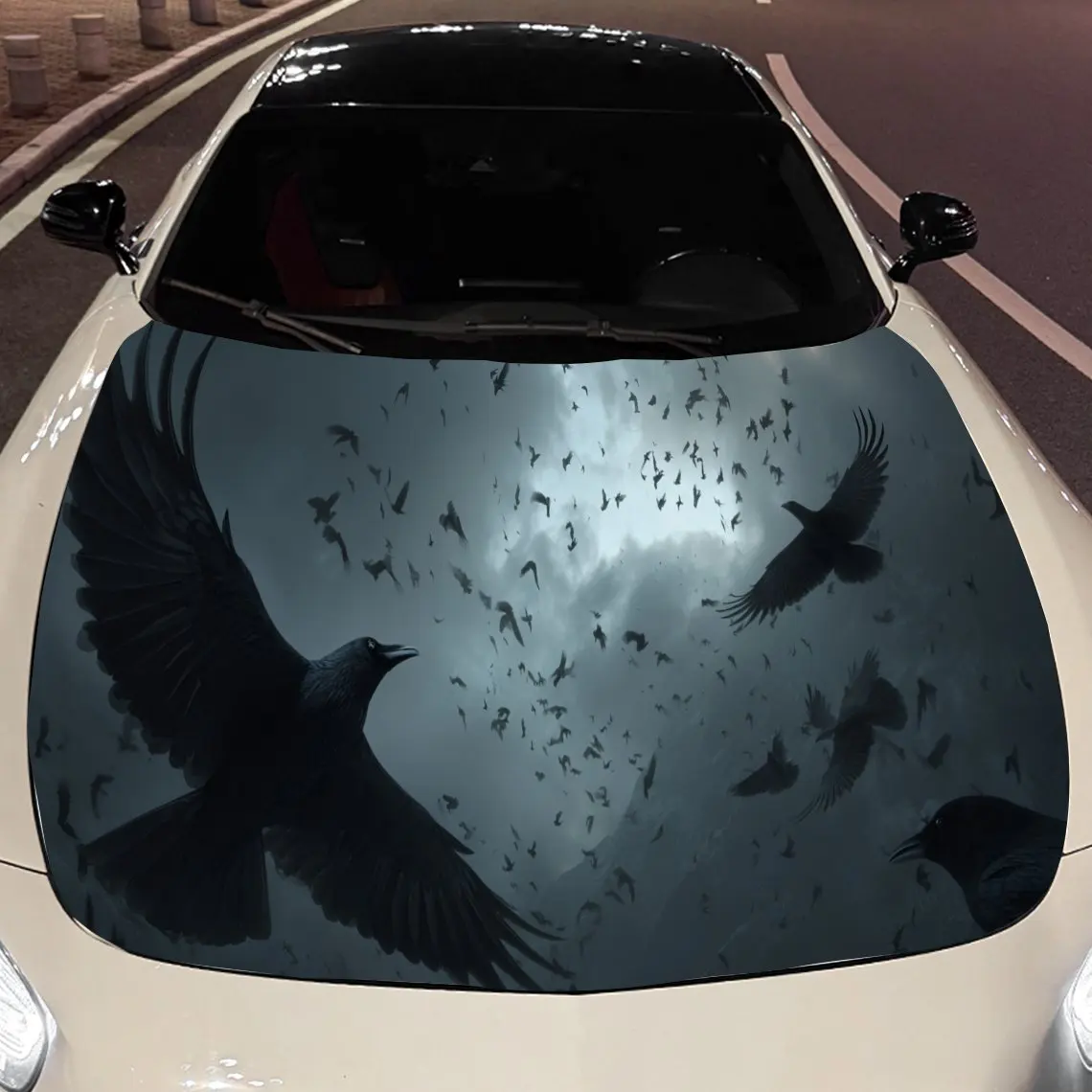 

Наклейка на капот двигателя автомобиля Crows in Flight, автоматические виниловые обертывания, водонепроницаемая самоклеящаяся наклейка на автомобиль, прочная и устойчивая к царапинам авто E