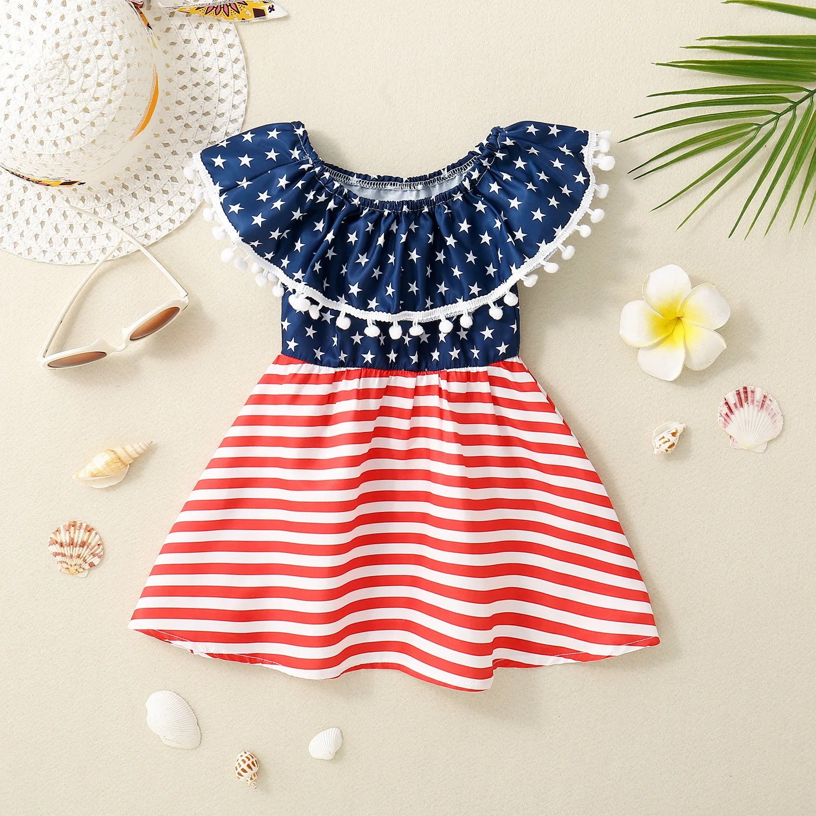 Summer Girl Children's Short Sleeve Skirt Blue Pink US Flag Ruffled Edge Round Neck One-piece Skirt Skin Friendly Cotton Skirt