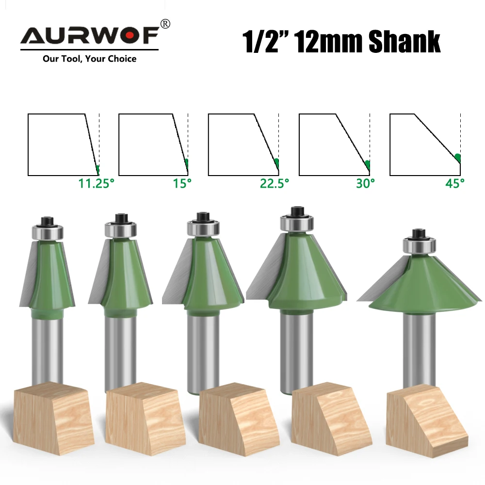 

AURWOF 1 шт. фреза-фреза с хвостовиком 12 мм 1/2 дюйма 11,25 15 22,5 30 45 градусов Фреза для деревообработки MC03232