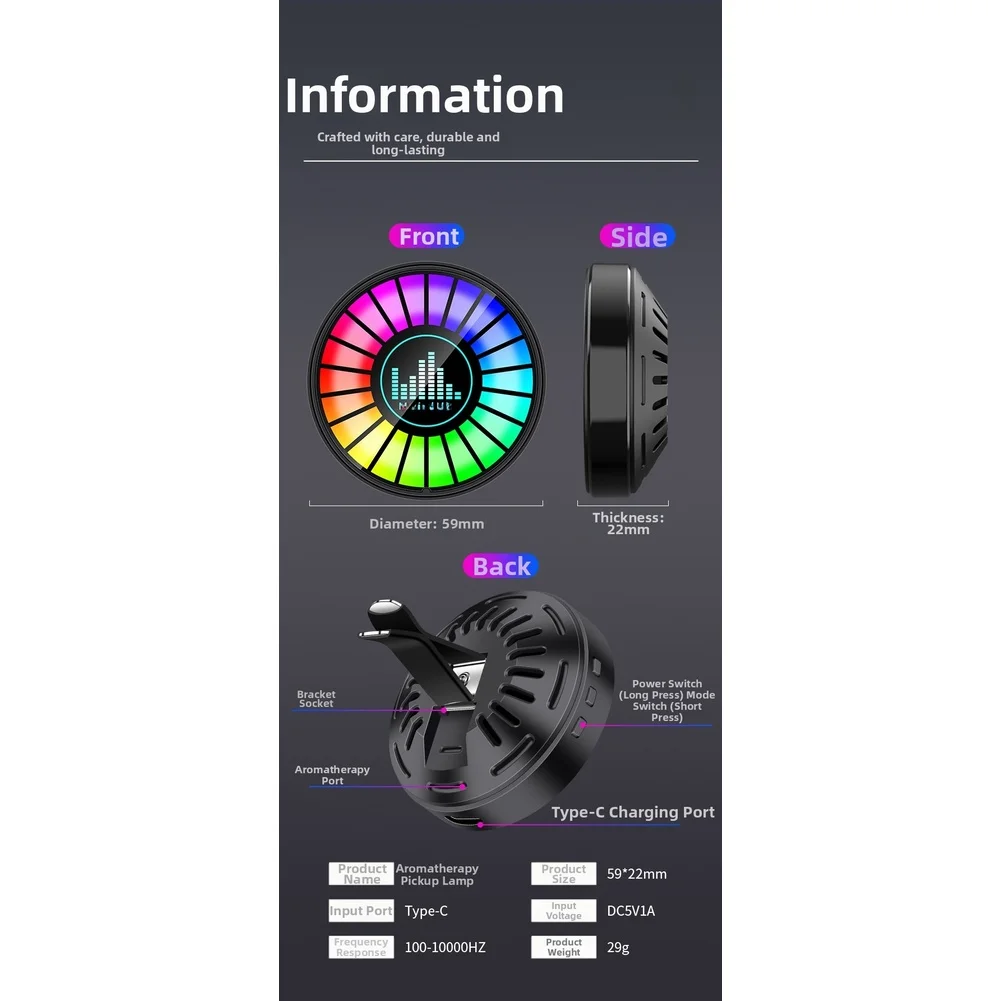 ضوء LED بفتحة تهوية السيارة مع مستشعر الصوت وتحكم الصوت RGB يتميز بمطابقة إيقاع الموسيقى ومستشعر تشغيل/إيقاف التشغيل التلقائي