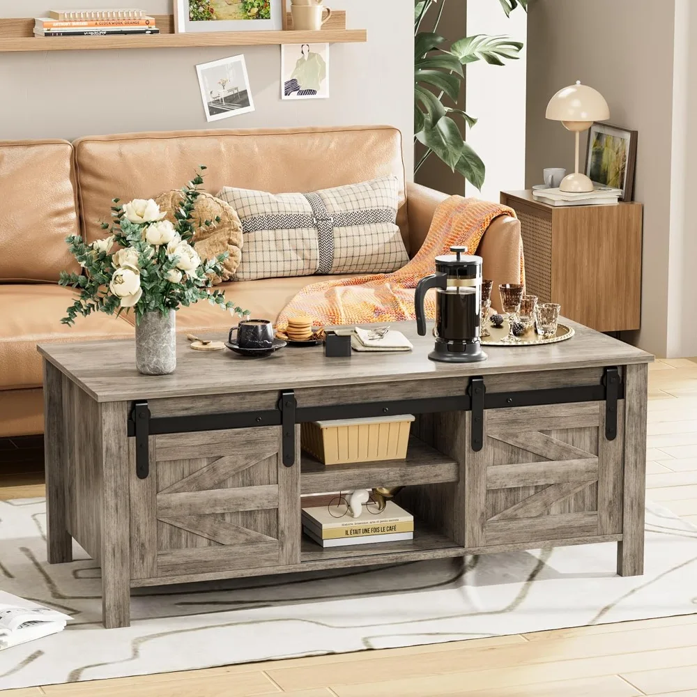 

Farmhouse Coffee Table with Storage & Sliding Barn Doors, Modern Rustic Living Room Table with Adjustable Shelves