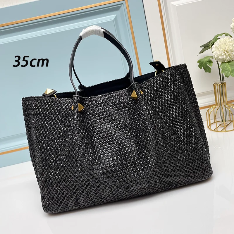 2024 New Spring/Summer Tote Bag High Quality Natural Grass Woven Foreskin Leather Handle Shoulder Strap Handheld Shoulder Bag