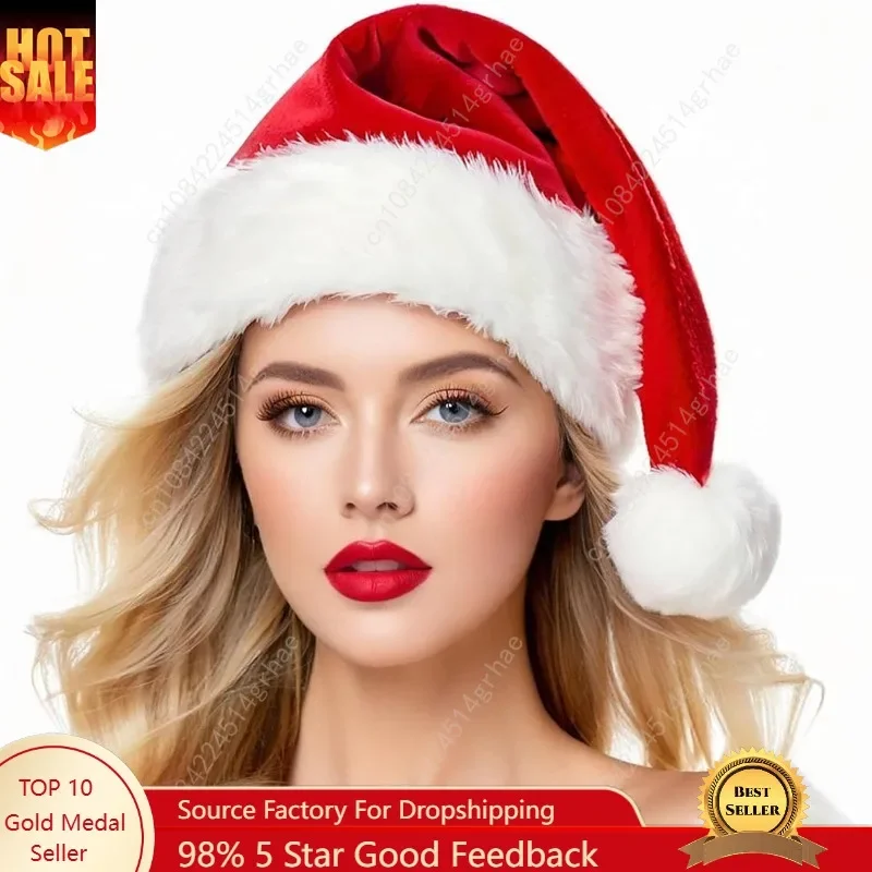 

Christmas Hat Santa Hats for Adults Unisex Red Velvet Extra Thicken Xmas Hat for New Year Festive Holiday Party