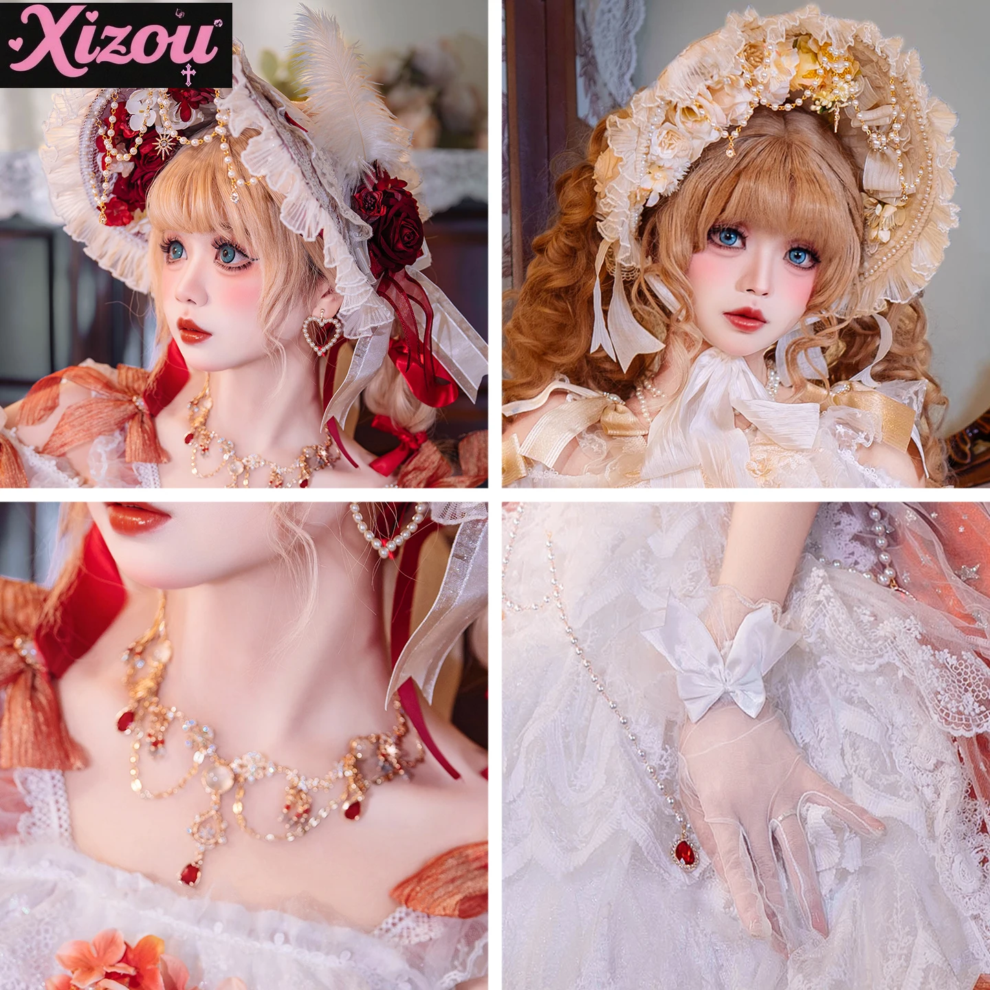 

Lolita with Small Things Hat Necklace Gloves Hair Accessories Flower Wedding Neck Headdress Bnt Flat Hat for Women