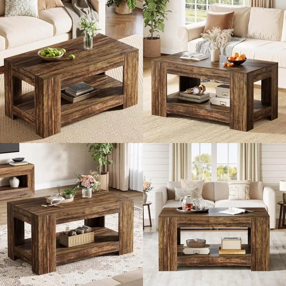 

Two-Tier Rectangular Wooden Coffee Table with Storage, Rustic Farmhouse Style for Living Room or Office Use