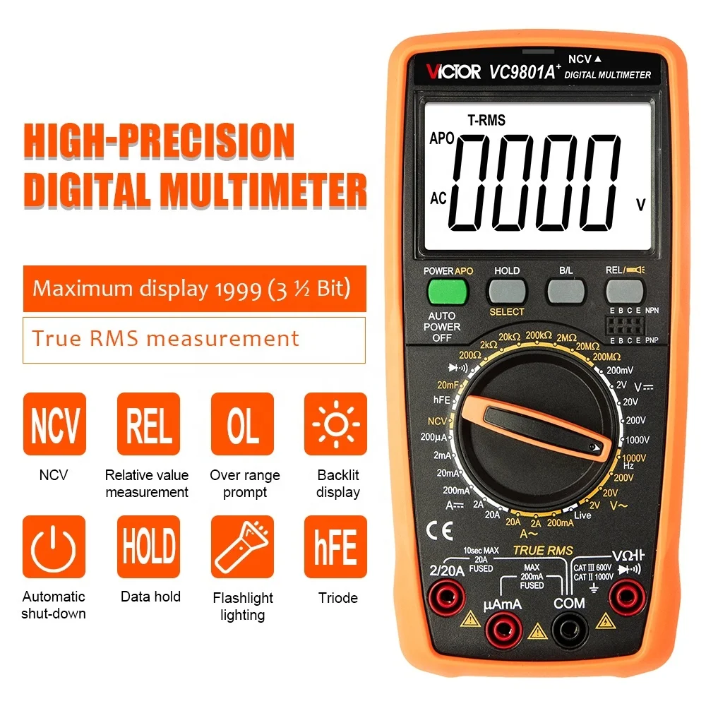 Victor NEW VC9801A+ HIGH-PRECISION DIGITAL MULTIMETER Maximum display 1999(3 1/ Bit)