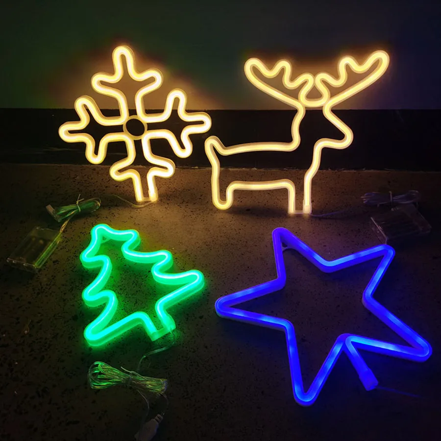 LED Neon Light Sign Nightlight Lamp Strip Christmas Hat Tree Star Snowflake Modeling Decor Room Wall Shop Birthday USB & Battery