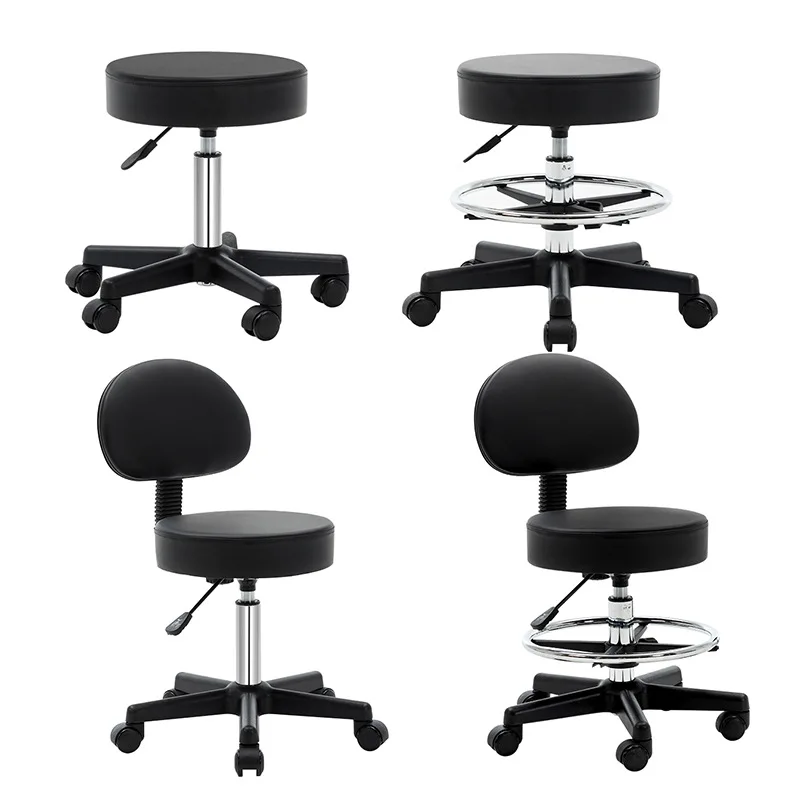 Bar Stool Beauty Salon Equipment Height Adjustable Upholstered Rolling Wheels Round Stool with Backrest