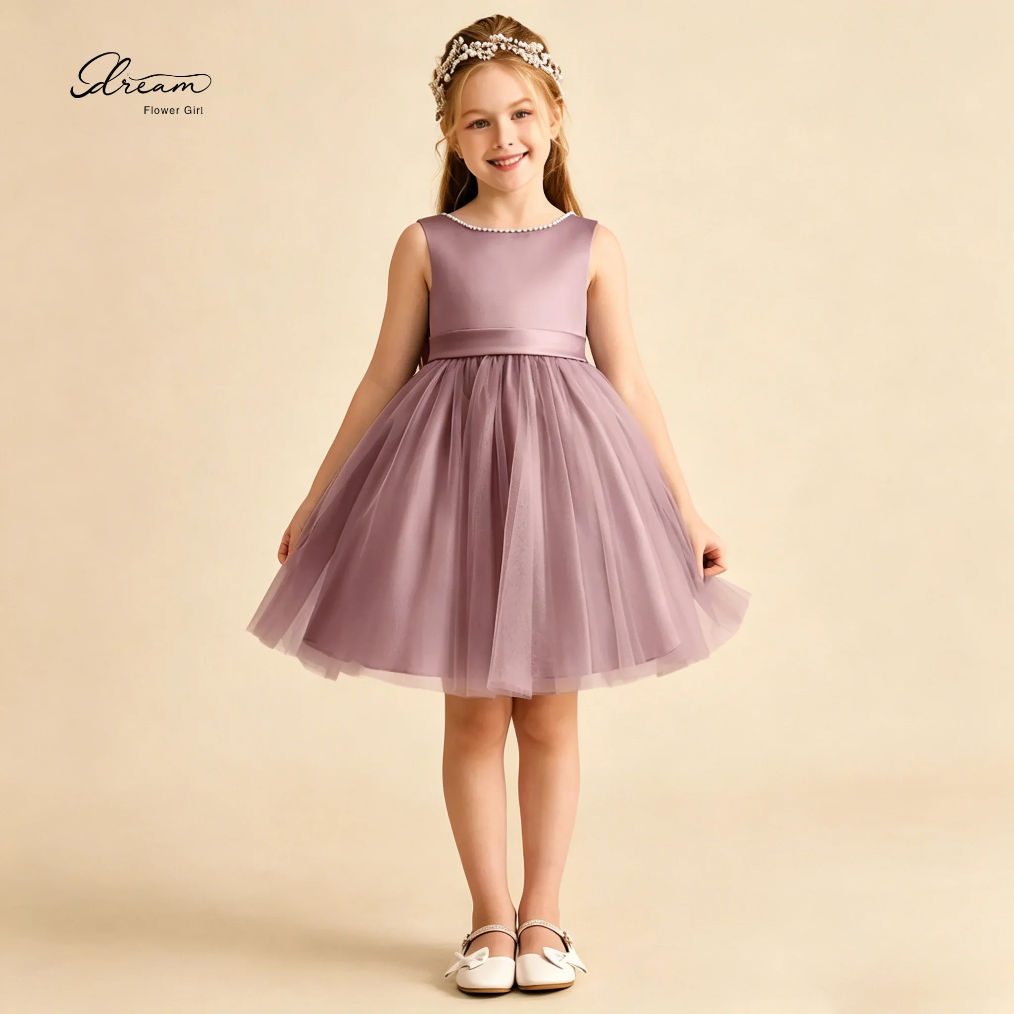 

Dusty Purple Flower Girl Dress Sleeveless Pearl Neckline Tulle Skirt Kids Wedding Party First Communion Pageant Bridesmaid