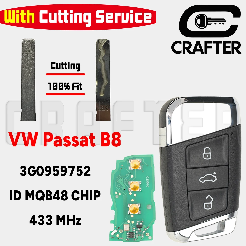 Key Crafters 3G0959752 ID MQB48 CHIP 433MHz Smart Car Key Fits VW Volkswagen Passat B8 Skoda Audi A7 Keyless Go With Key Cutting