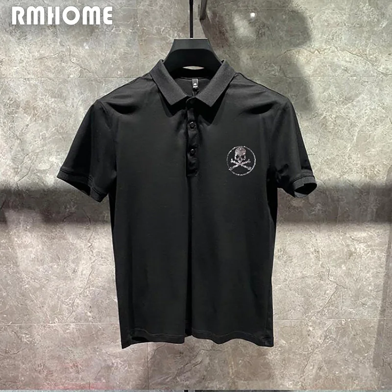Men\'s Lapel T-shirt Polo Skull Handsome Rhinestone Design Short Sleeved Tops Cotton Summer Fashion Clothing Hip-hop Streetwear